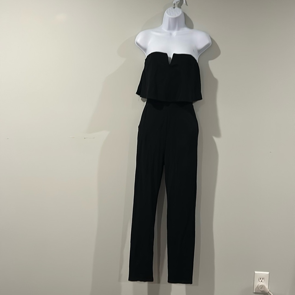 Fraiche by J strapless pant jumpsuit with peplum top, black. Size small